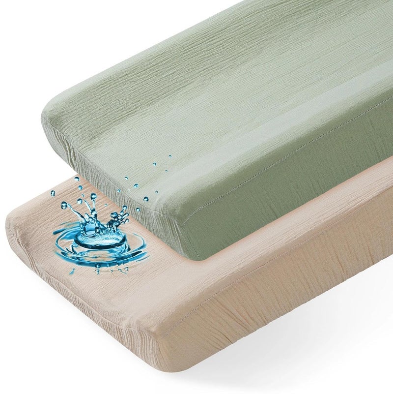 Basumee Muslin Changing Pad Cover Waterproof 2 Pack Baby Changing Table Covers for Boys and Girls Soft Breathable Nursery Diaper Change Table Cover Pad Fits 32"x16", Beige and Green - Image 1